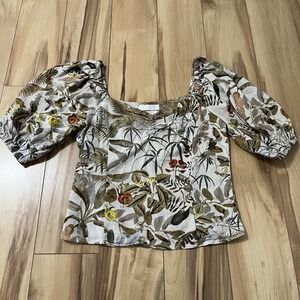 H&M Linen Blend XXS Puff-Sleeve Shirt Beige Sweetheart Neckline Western Top